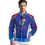 personalized kansas jayhawks hexagon grid blue varsity jacket best selling.webp