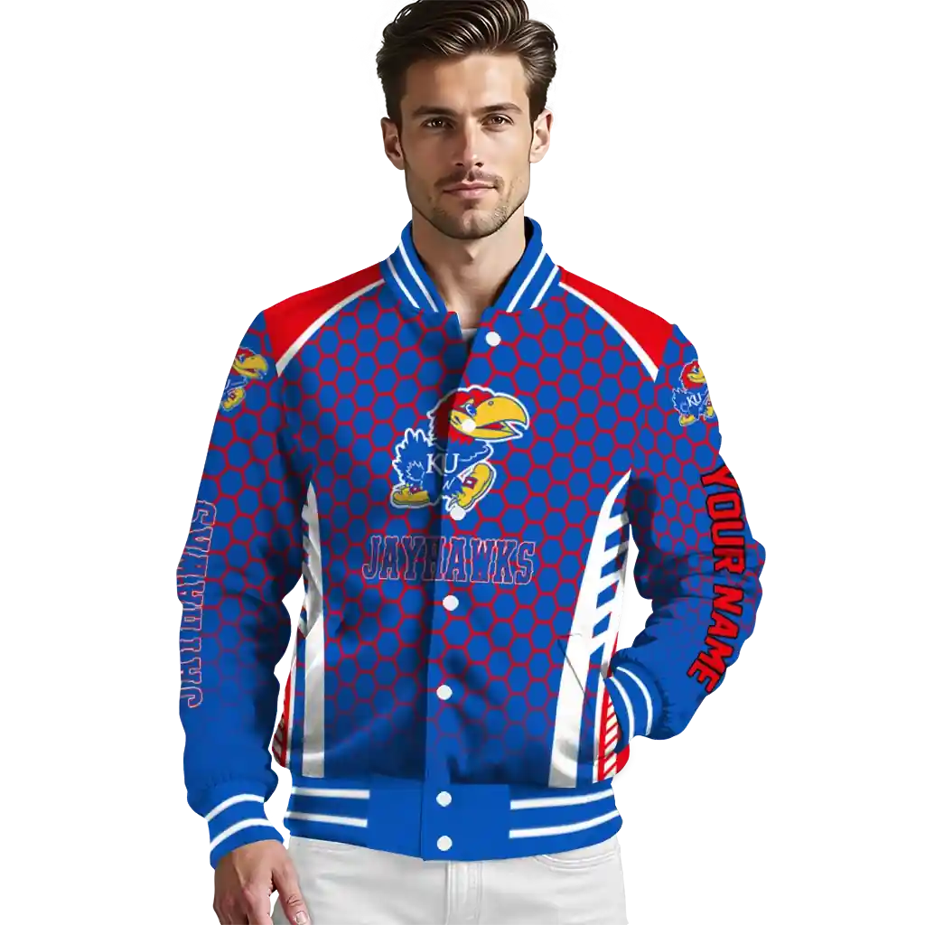 personalized kansas jayhawks hexagon grid blue varsity jacket high quality.webp personalized kansas jayhawks hexagon grid blue varsity jacket high quality.webp