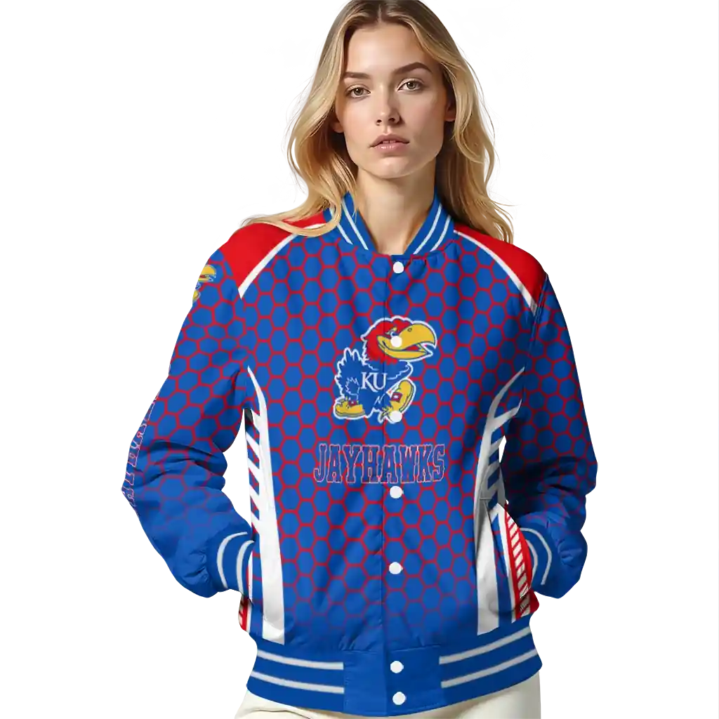 personalized kansas jayhawks hexagon grid blue varsity jacket latest model.webp personalized kansas jayhawks hexagon grid blue varsity jacket latest model.webp