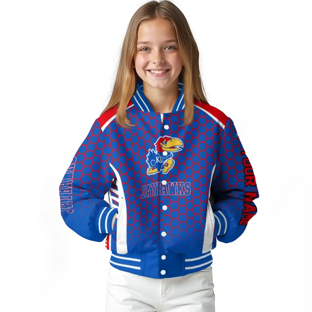 personalized kansas jayhawks hexagon grid blue varsity jacket top rated.webp personalized kansas jayhawks hexagon grid blue varsity jacket top rated.webp