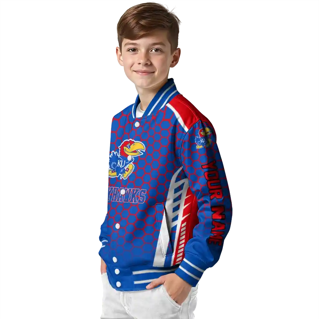 personalized kansas jayhawks hexagon grid blue varsity jacket trendy.webp personalized kansas jayhawks hexagon grid blue varsity jacket trendy.webp