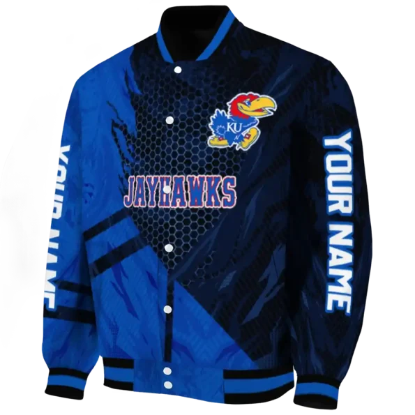 personalized kansas jayhawks hexagon mesh blue black varsity jacket best selling