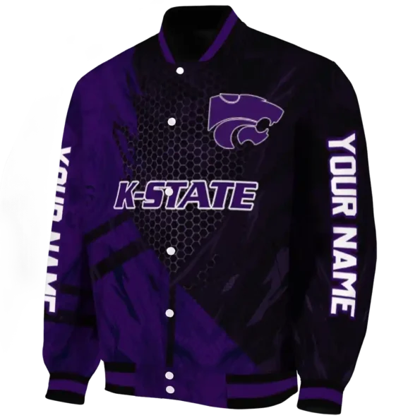 personalized kansas state wildcats hexagon mesh purple black varsity jacket best selling