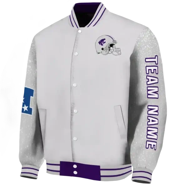 personalized kansas state wildcats speckled arms purple gray varsity jacket best selling