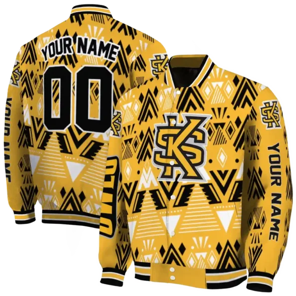 personalized kennesaw state owls pyramid shapes gold varsity jacket fashion forward.webp