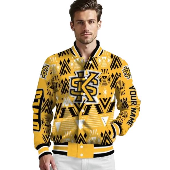 personalized kennesaw state owls pyramid shapes gold varsity jacket high quality.webp