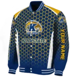 personalized kent state golden flashes hexagon grid navy blue varsity jacket best selling.webp