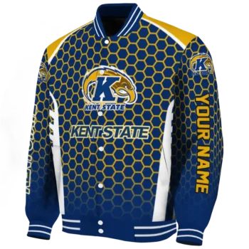 personalized kent state golden flashes hexagon grid navy blue varsity jacket best selling.webp