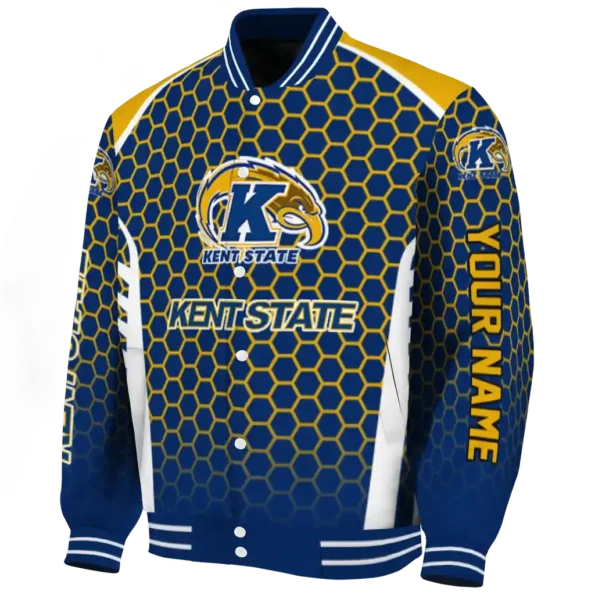 personalized kent state golden flashes hexagon grid navy blue varsity jacket best selling.webp