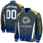 personalized kent state golden flashes hexagon grid navy blue varsity jacket best selling.webp
