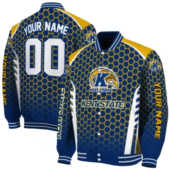personalized kent state golden flashes hexagon grid navy blue varsity jacket fashion forward.webp