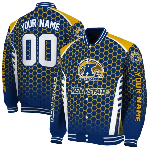 personalized kent state golden flashes hexagon grid navy blue varsity jacket fashion forward.webp