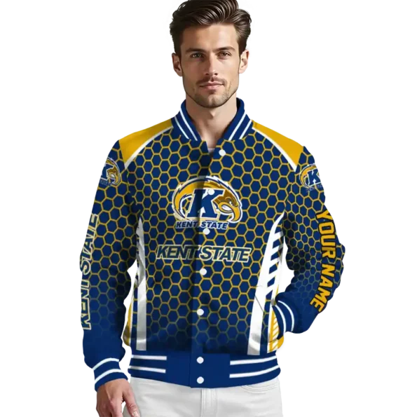 personalized kent state golden flashes hexagon grid navy blue varsity jacket high quality.webp