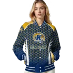 personalized kent state golden flashes hexagon grid navy blue varsity jacket best selling.webp