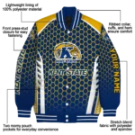 personalized kent state golden flashes hexagon grid navy blue varsity jacket best selling.webp
