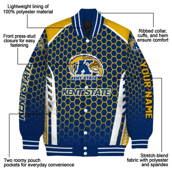 personalized kent state golden flashes hexagon grid navy blue varsity jacket new arrival.webp
