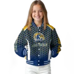 personalized kent state golden flashes hexagon grid navy blue varsity jacket best selling.webp