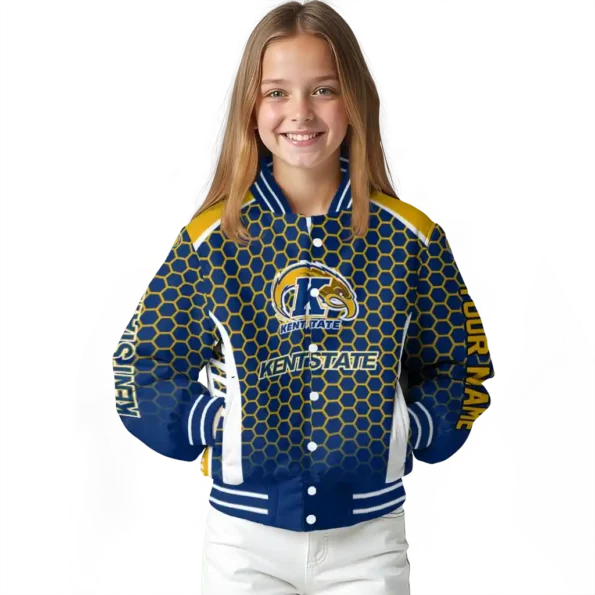 personalized kent state golden flashes hexagon grid navy blue varsity jacket top rated.webp