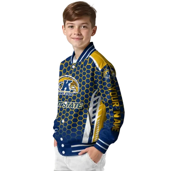 personalized kent state golden flashes hexagon grid navy blue varsity jacket trendy.webp