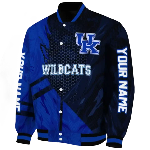 personalized kentucky wildcats hexagon mesh blue black varsity jacket best selling