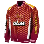 personalized louisiana monroe warhawks hexagon grid red varsity jacket best selling.webp