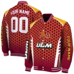 personalized louisiana monroe warhawks hexagon grid red varsity jacket best selling.webp