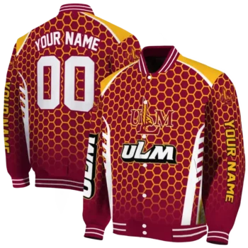 personalized louisiana monroe warhawks hexagon grid red varsity jacket fashion forward.webp