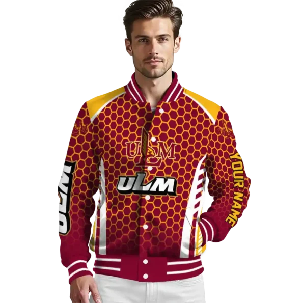 personalized louisiana monroe warhawks hexagon grid red varsity jacket high quality.webp