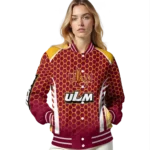personalized louisiana monroe warhawks hexagon grid red varsity jacket best selling.webp