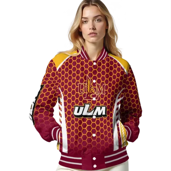 personalized louisiana monroe warhawks hexagon grid red varsity jacket latest model.webp