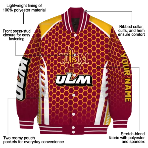 personalized louisiana monroe warhawks hexagon grid red varsity jacket new arrival.webp