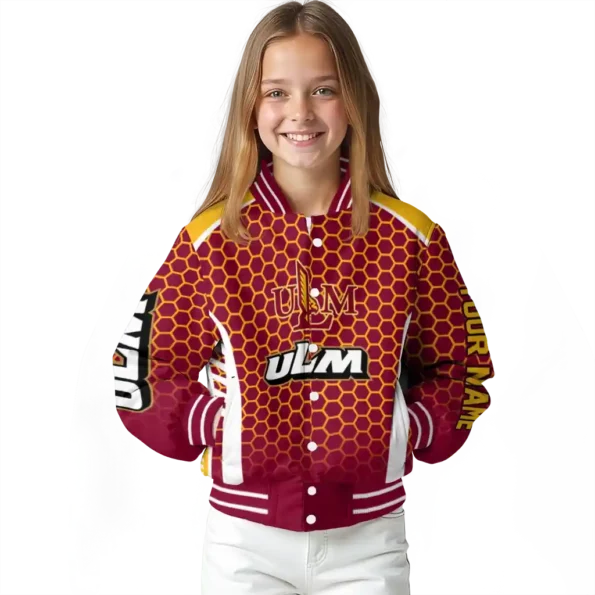 personalized louisiana monroe warhawks hexagon grid red varsity jacket top rated.webp