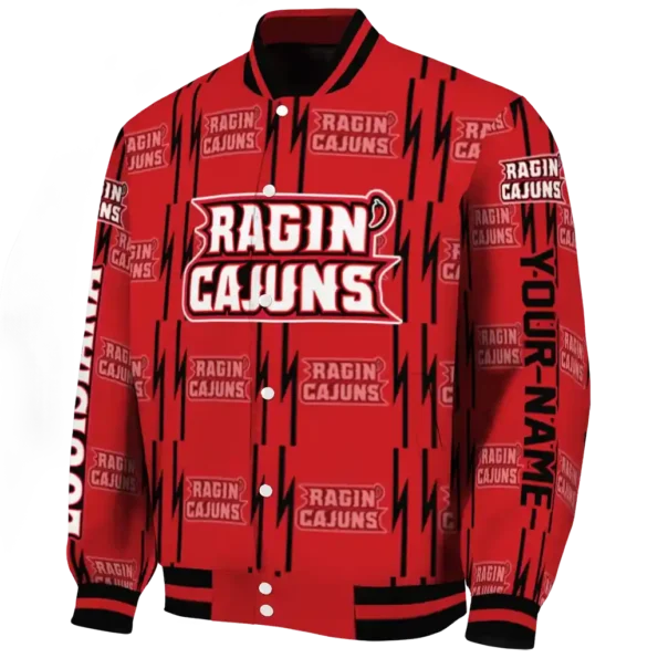 personalized louisiana ragin cajuns bolt stripe red varsity jacket best selling.webp