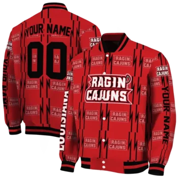 personalized louisiana ragin cajuns bolt stripe red varsity jacket fashion forward.webp
