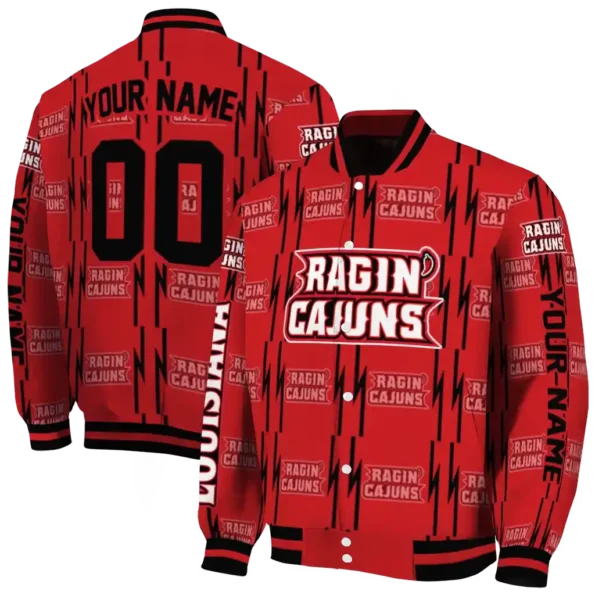 personalized louisiana ragin cajuns bolt stripe red varsity jacket fashion forward.webp