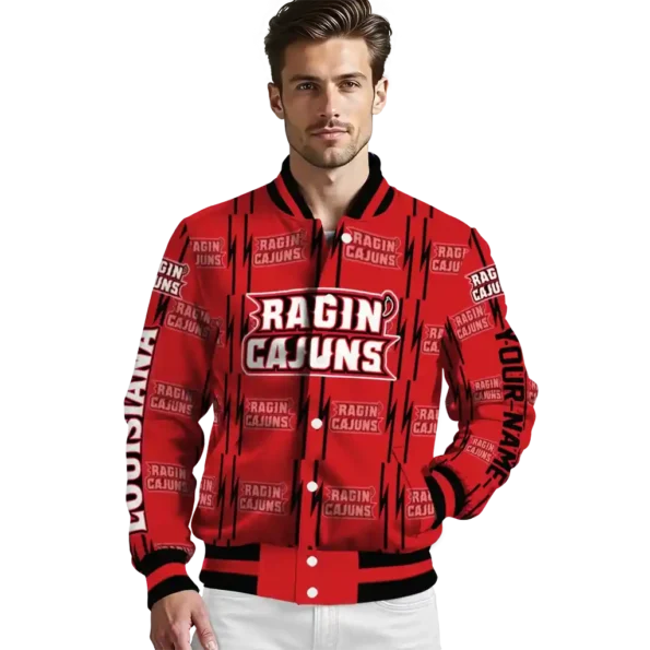 personalized louisiana ragin cajuns bolt stripe red varsity jacket high quality.webp