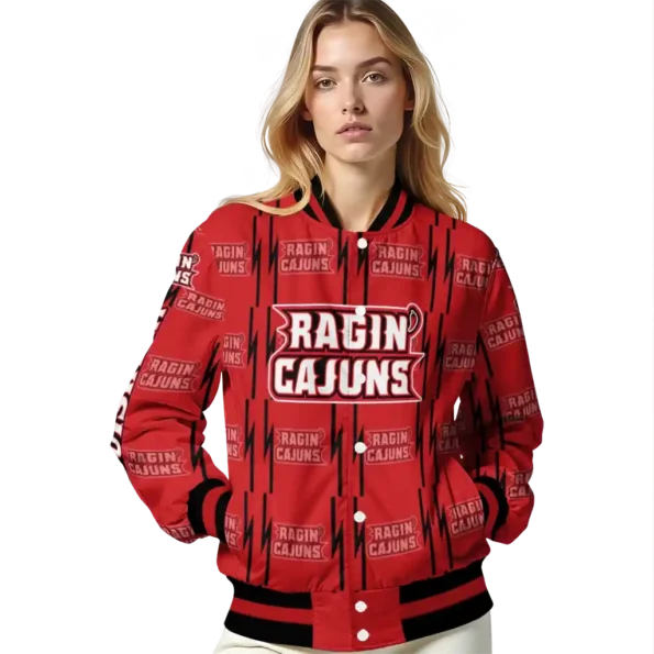 personalized louisiana ragin cajuns bolt stripe red varsity jacket latest model.webp