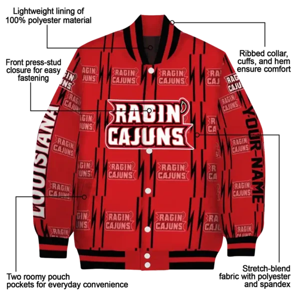 personalized louisiana ragin cajuns bolt stripe red varsity jacket new arrival.webp