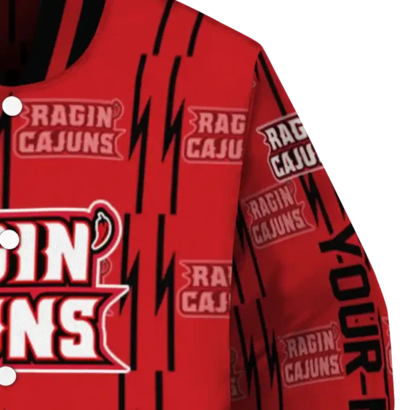 personalized louisiana ragin cajuns bolt stripe red varsity jacket premium grade.webp
