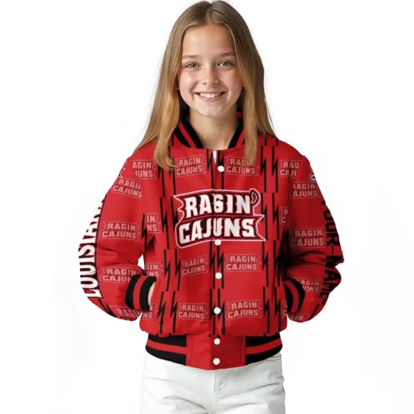 personalized louisiana ragin cajuns bolt stripe red varsity jacket top rated.webp