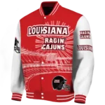 personalized louisiana ragin cajuns ferris arena red white varsity jacket best selling.webp