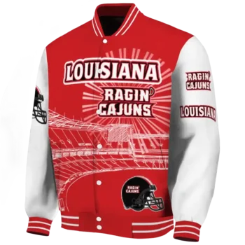 personalized louisiana ragin cajuns ferris arena red white varsity jacket best selling.webp