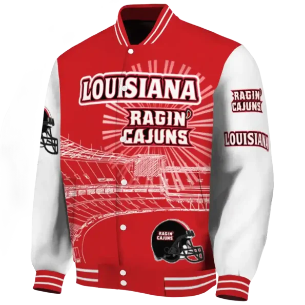personalized louisiana ragin cajuns ferris arena red white varsity jacket best selling.webp
