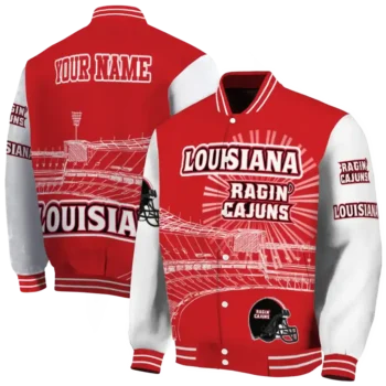 personalized louisiana ragin cajuns ferris arena red white varsity jacket fashion forward.webp