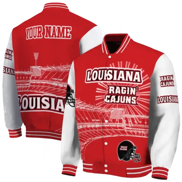 personalized louisiana ragin cajuns ferris arena red white varsity jacket fashion forward.webp