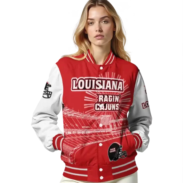 personalized louisiana ragin cajuns ferris arena red white varsity jacket latest model.webp