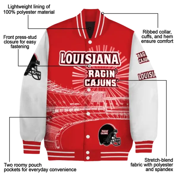 personalized louisiana ragin cajuns ferris arena red white varsity jacket new arrival.webp
