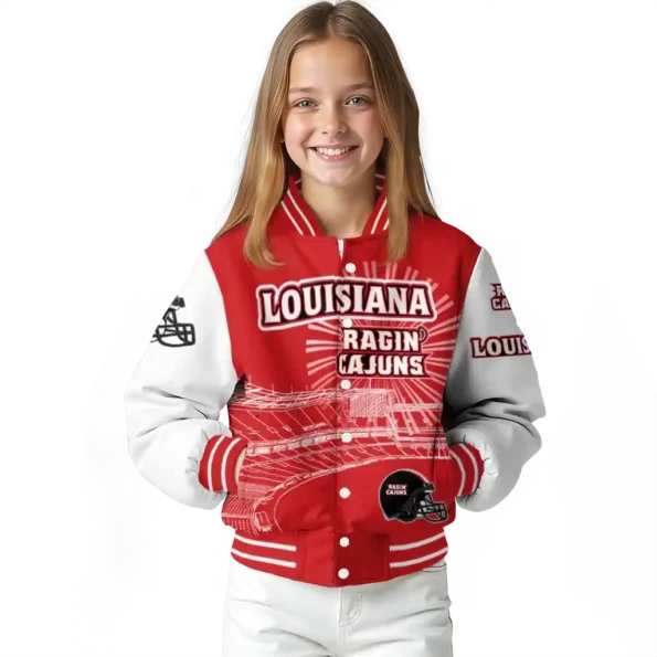personalized louisiana ragin cajuns ferris arena red white varsity jacket top rated.webp