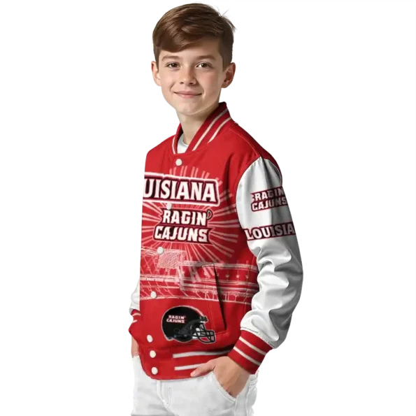 personalized louisiana ragin cajuns ferris arena red white varsity jacket trendy.webp