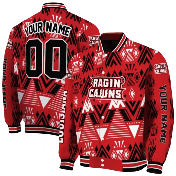 personalized louisiana ragin cajuns pyramid shapes red varsity jacket fashion forward.webp